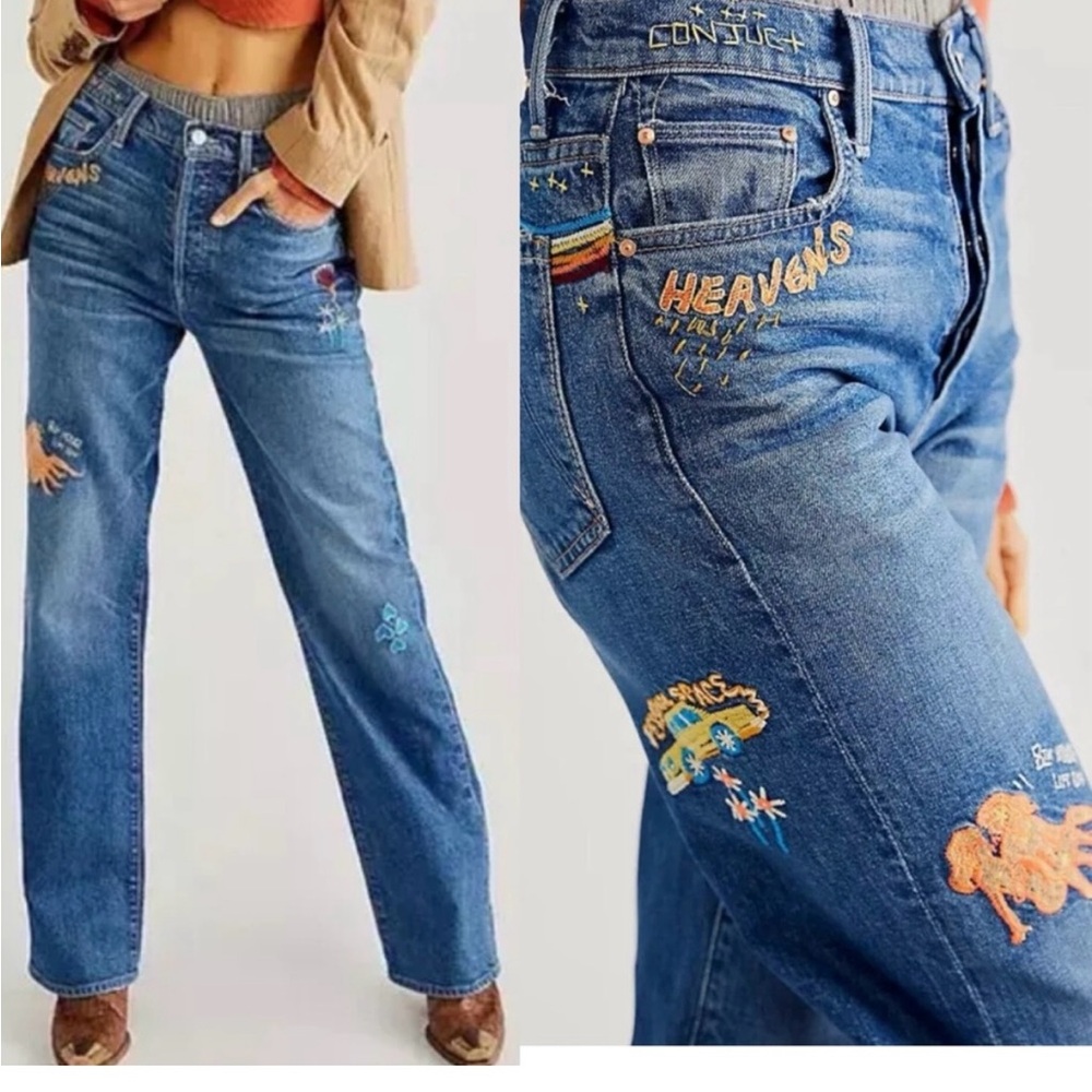 MOTHER Blue Embroidered Straight Leg Jeans